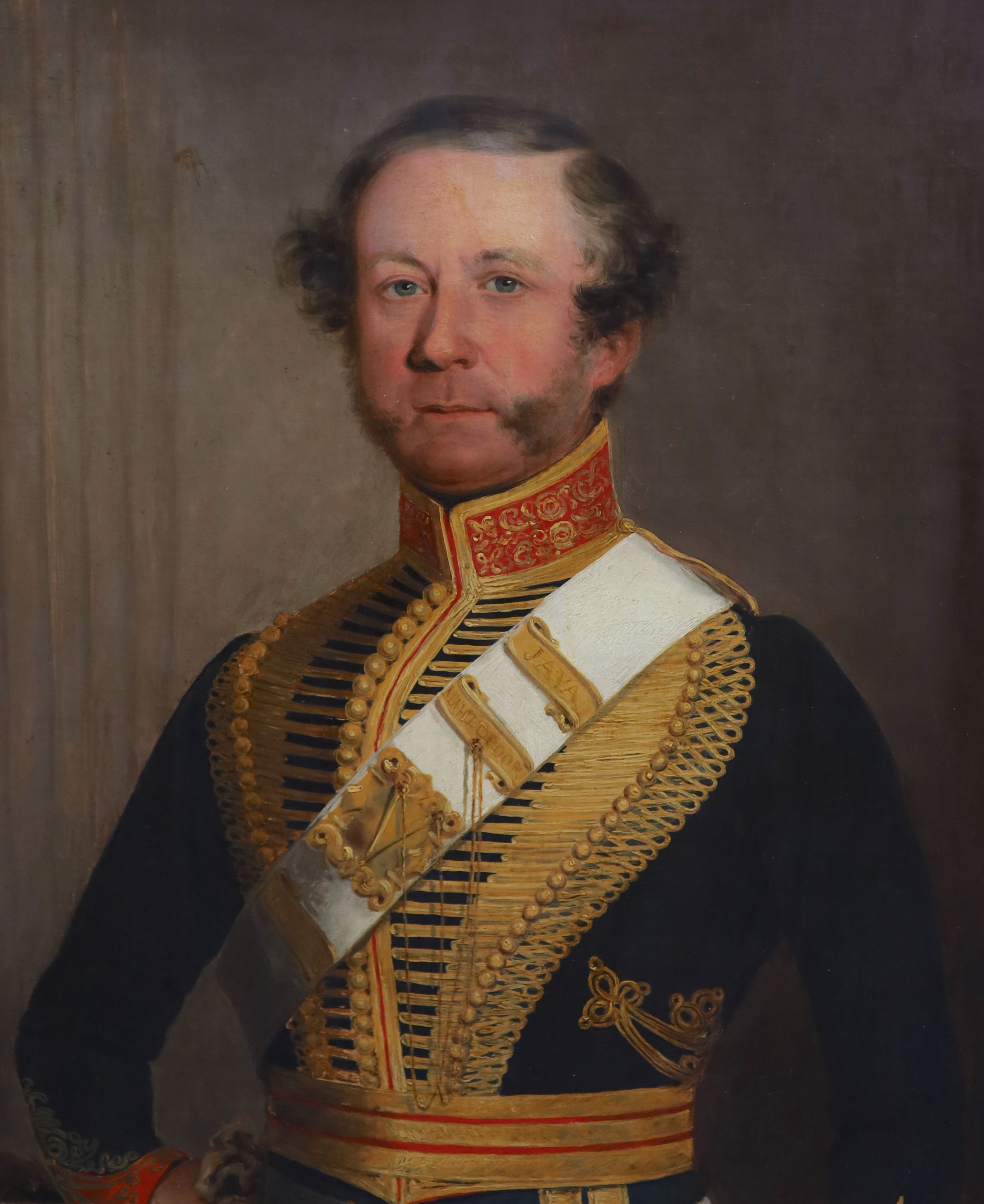 Victorian School , Portrait of Colonel John Morgan Ley (1794-1864), Madras Horse Artillery, East Indian Company, wearing sash with clasps for Java and Mahldroor, oil on board, 75.5 x 63cm